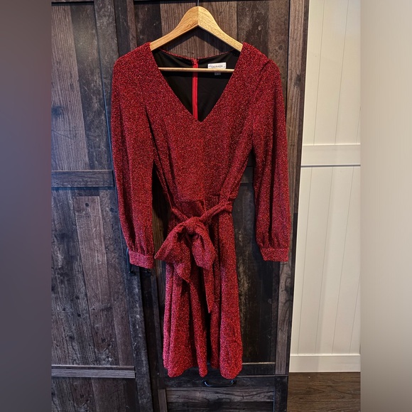 Calvin Klein Red Sparkly Metallic Holiday Midi Dress - Picture 4 of 7